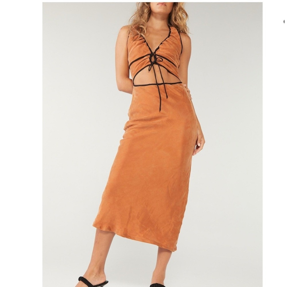 SOVERE Maxi Encore Dress XS Rust Orange Cutout V-Neck Sleeveless Contrast Trim